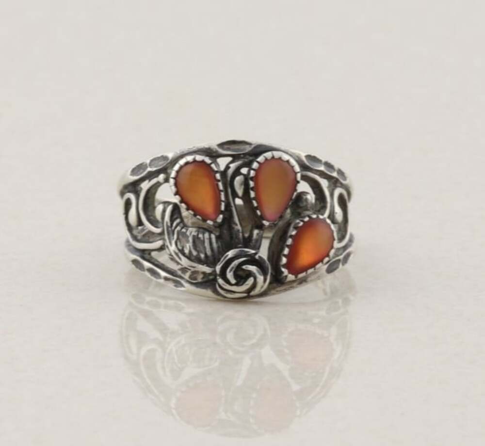 Sterling Silver Orange Sunstone Ring Flower Leaf Design Size 9 1/2